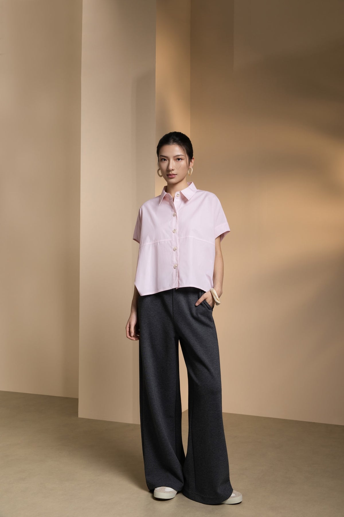 Cotton Chambray Relax Fit Shirt Collar Short Sleeve Blouse