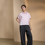 Cotton Chambray Relax Fit Shirt Collar Short Sleeve Blouse