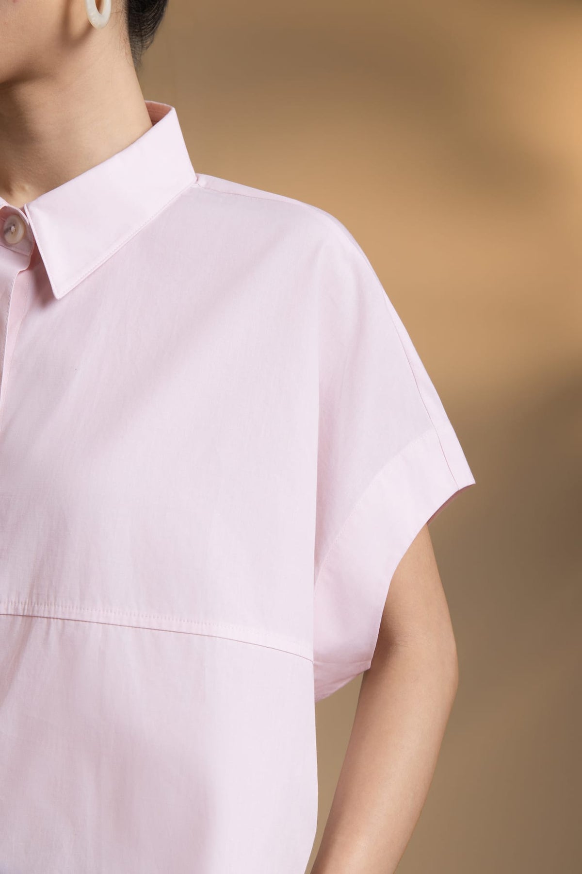 Cotton Chambray Relax Fit Shirt Collar Short Sleeve Blouse