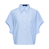 Cotton Chambray Relax Fit Shirt Collar Short Sleeve Blouse