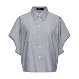 Cotton Chambray Relax Fit Shirt Collar Short Sleeve Blouse