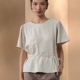Poly Rayon Seersucker Check Relax Fit Round Neck Short Sleeve Blouse