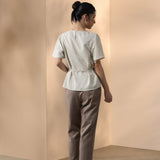 Poly Rayon Seersucker Check Relax Fit Round Neck Short Sleeve Blouse