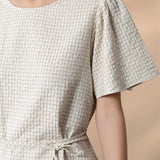 Poly Rayon Seersucker Check Relax Fit Round Neck Short Sleeve Blouse