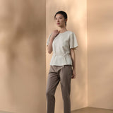 Poly Rayon Seersucker Check Relax Fit Round Neck Short Sleeve Blouse