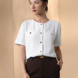 Nylon Blend Double Weave Regular Fit Short Sleeve Blouse