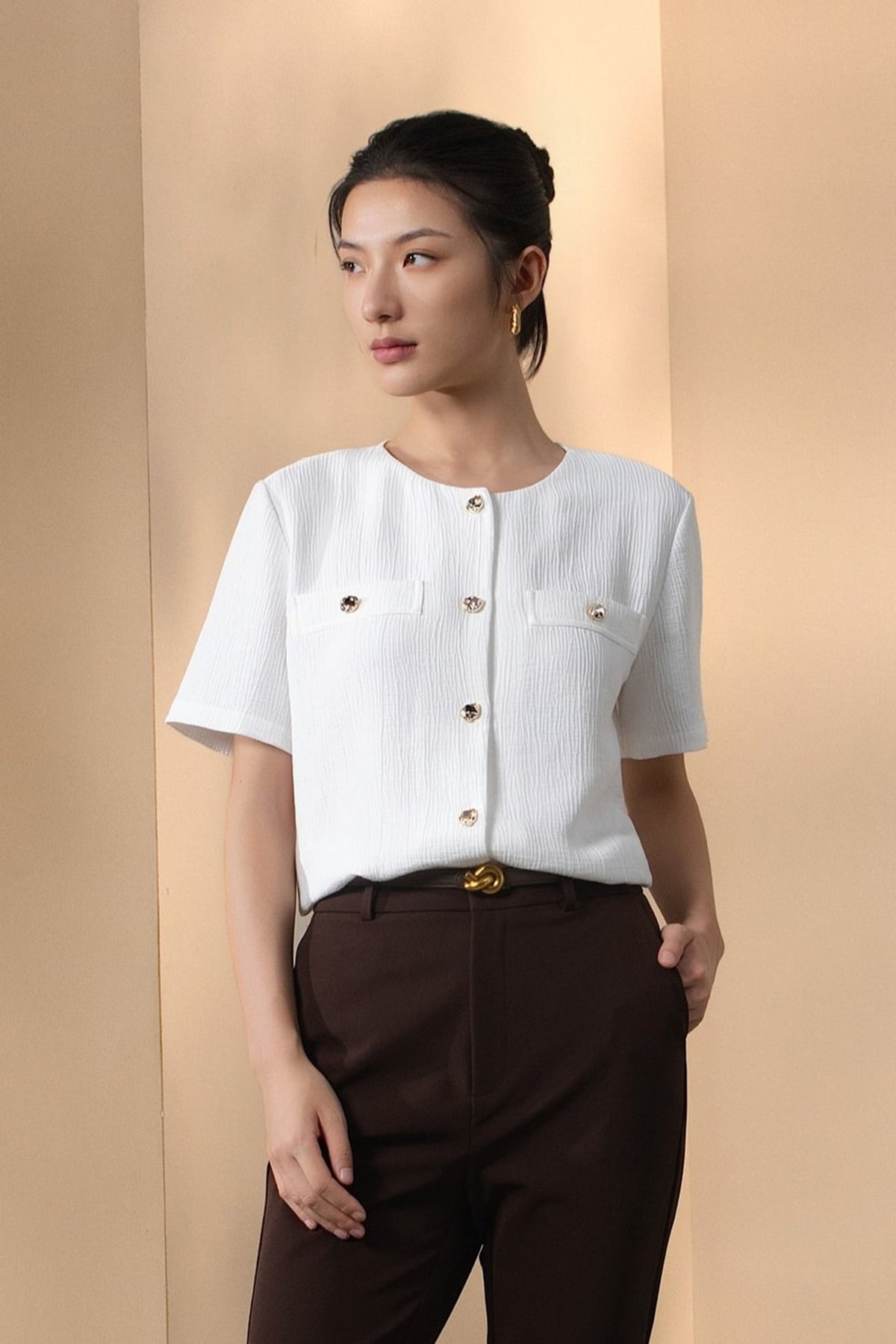 Nylon Blend Double Weave Regular Fit Short Sleeve Blouse