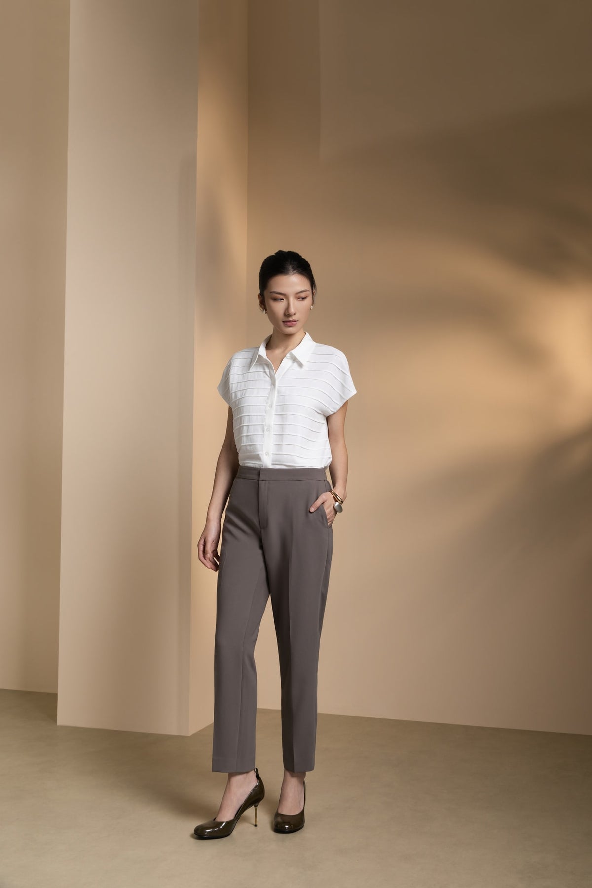 Poly Crepe Regular Fit Shirt Collar Short Sleeve Blouse