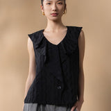 Lyocell Blend Jacquard Regular Fit Ruffle Collar Short Sleeve Blouse