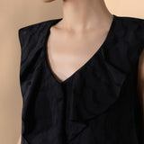 Lyocell Blend Jacquard Regular Fit Ruffle Collar Short Sleeve Blouse