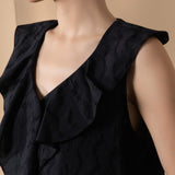Lyocell Blend Jacquard Regular Fit Ruffle Collar Short Sleeve Blouse