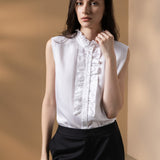 Lyocell Twill Regular Fit Stand Collar Short Sleeve Blouse