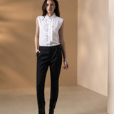 Lyocell Twill Regular Fit Stand Collar Short Sleeve Blouse