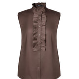 Lyocell Twill Regular Fit Stand Collar Short Sleeve Blouse