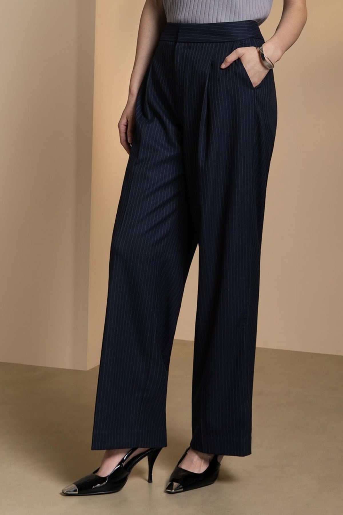 Poly Rayon Stripe Straight Leg Suit Pants