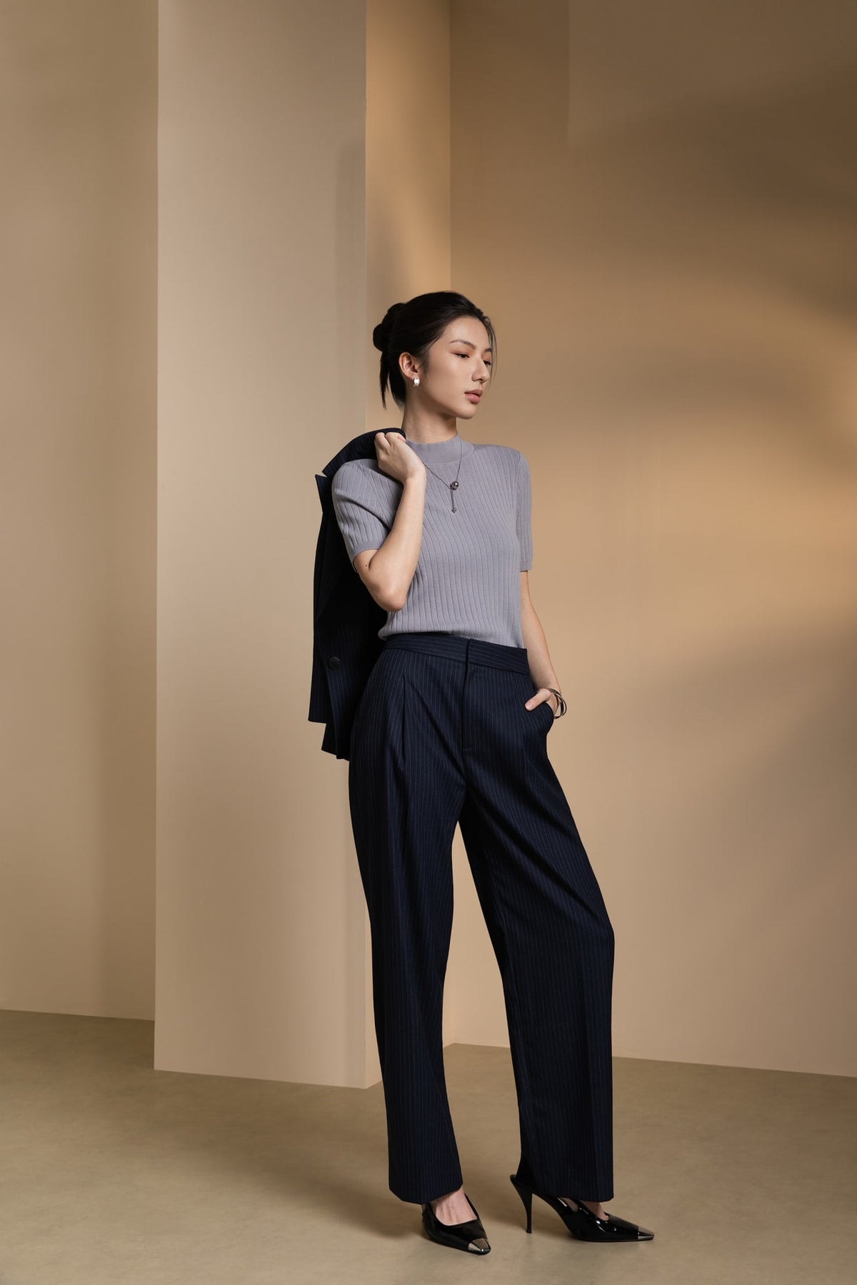 Poly Rayon Stripe Straight Leg Suit Pants