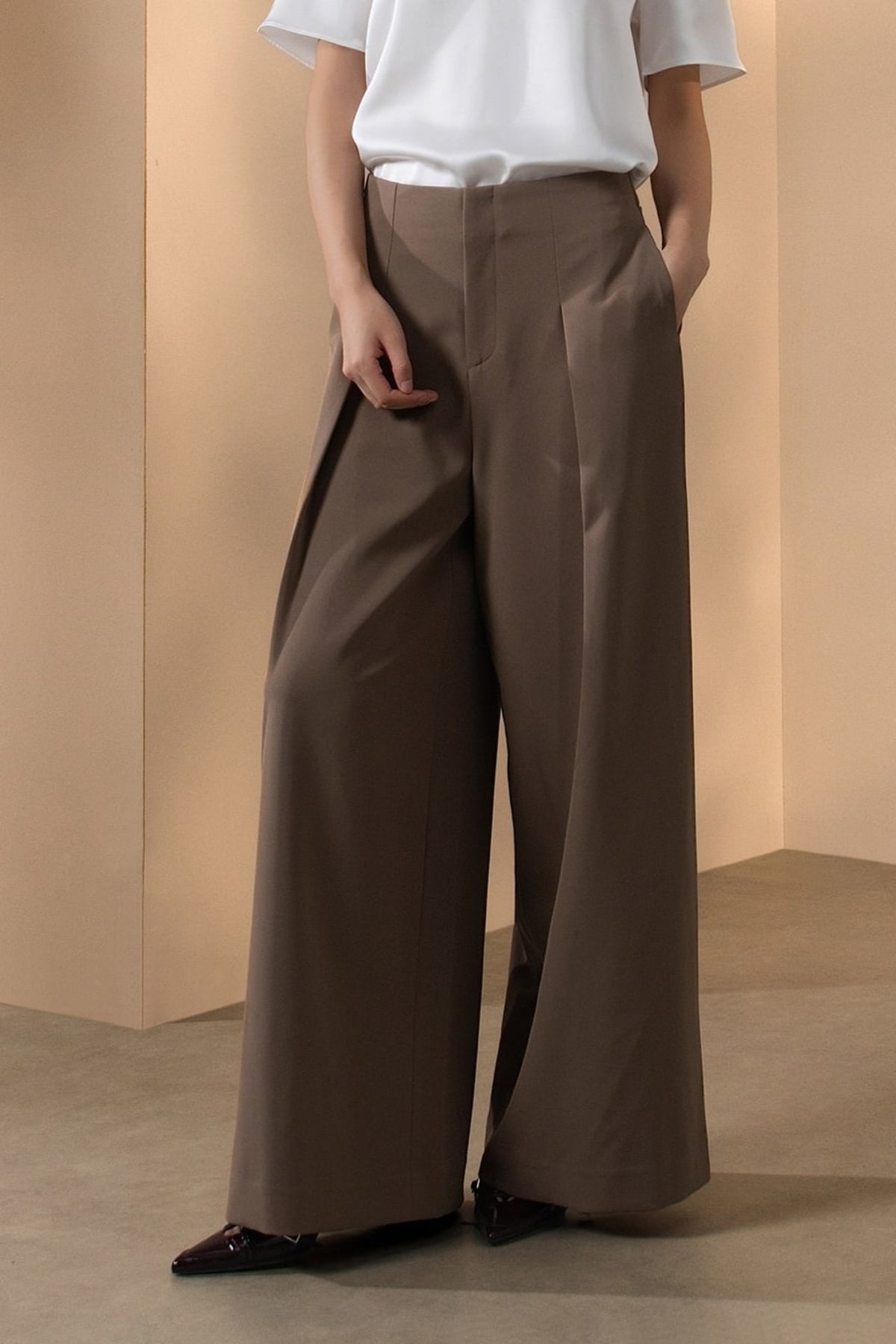 Poly Twill Wide Leg Casual Pants