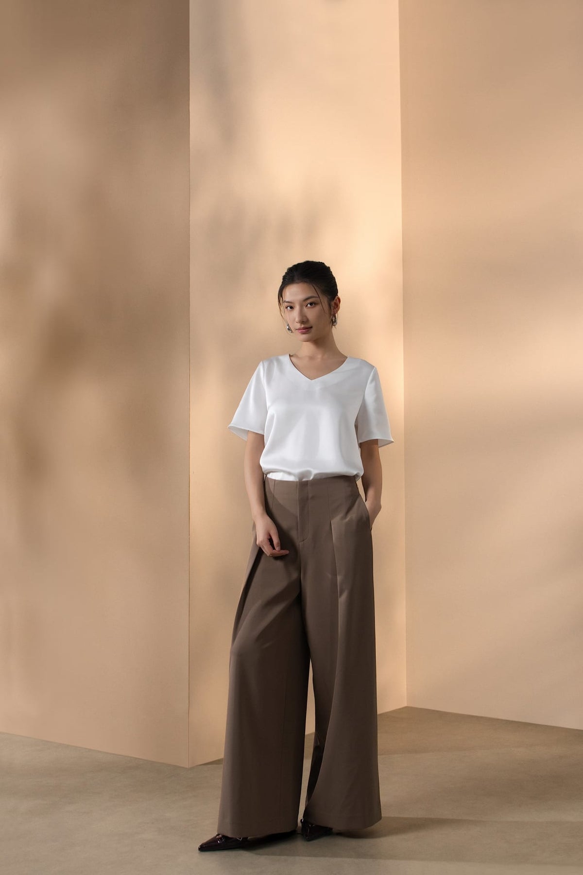 Poly Twill Wide Leg Casual Pants