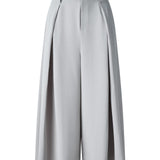 Poly Twill Wide Leg Casual Pants with Square Buckle Self-Fabric Belt
