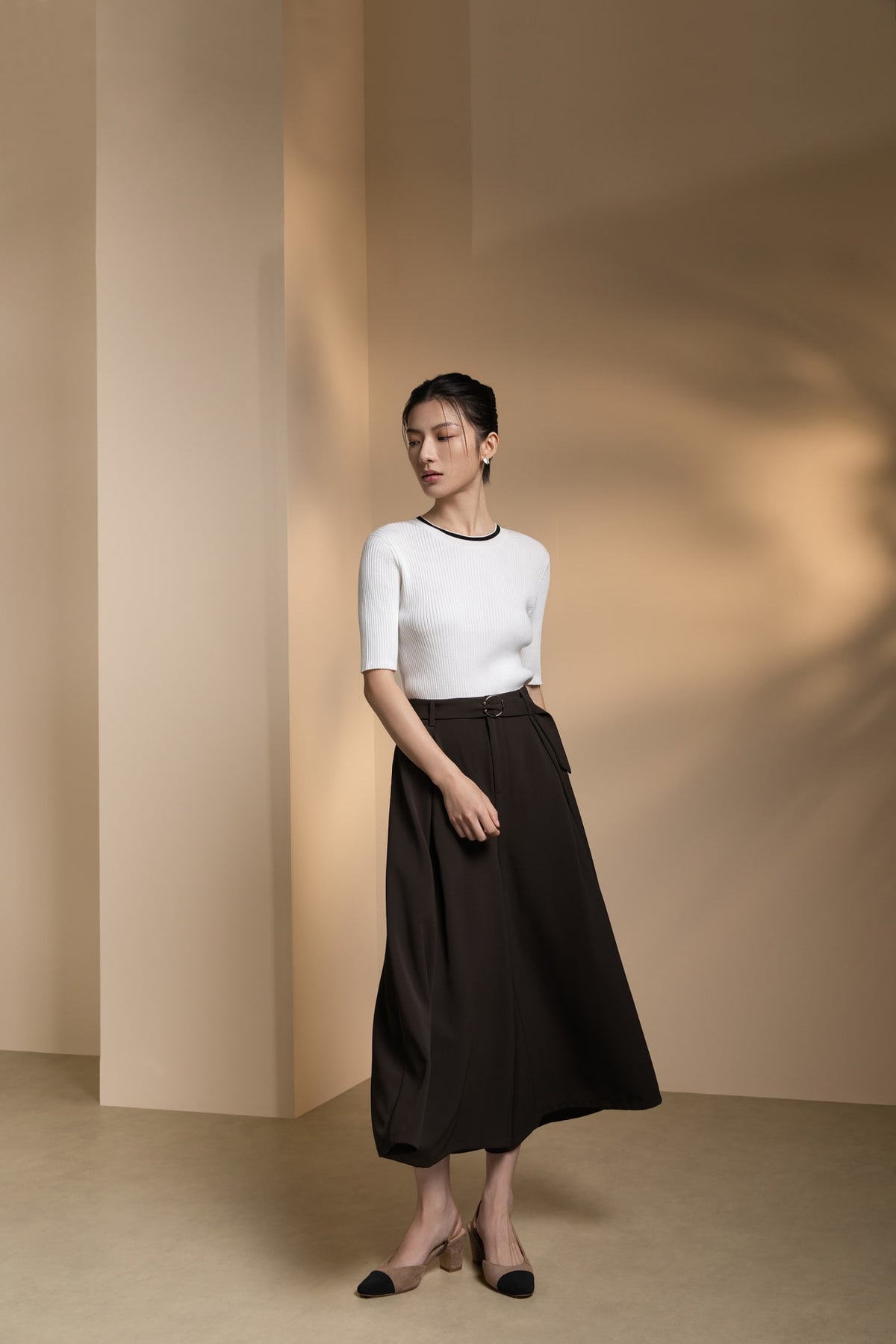 Poly Twill Wide Leg Casual Pants with Square Buckle Self-Fabric Belt