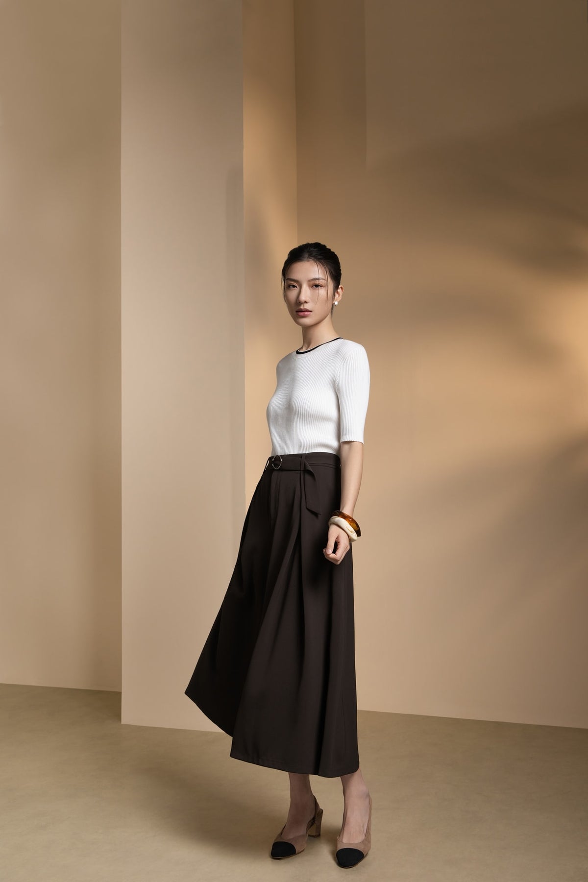 Poly Twill Wide Leg Casual Pants with Square Buckle Self-Fabric Belt