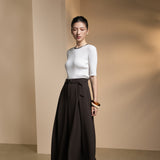 Poly Twill Wide Leg Casual Pants with Square Buckle Self-Fabric Belt