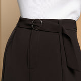 Poly Twill Wide Leg Casual Pants with Square Buckle Self-Fabric Belt