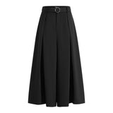 Poly Twill Wide Leg Casual Pants with Square Buckle Self-Fabric Belt