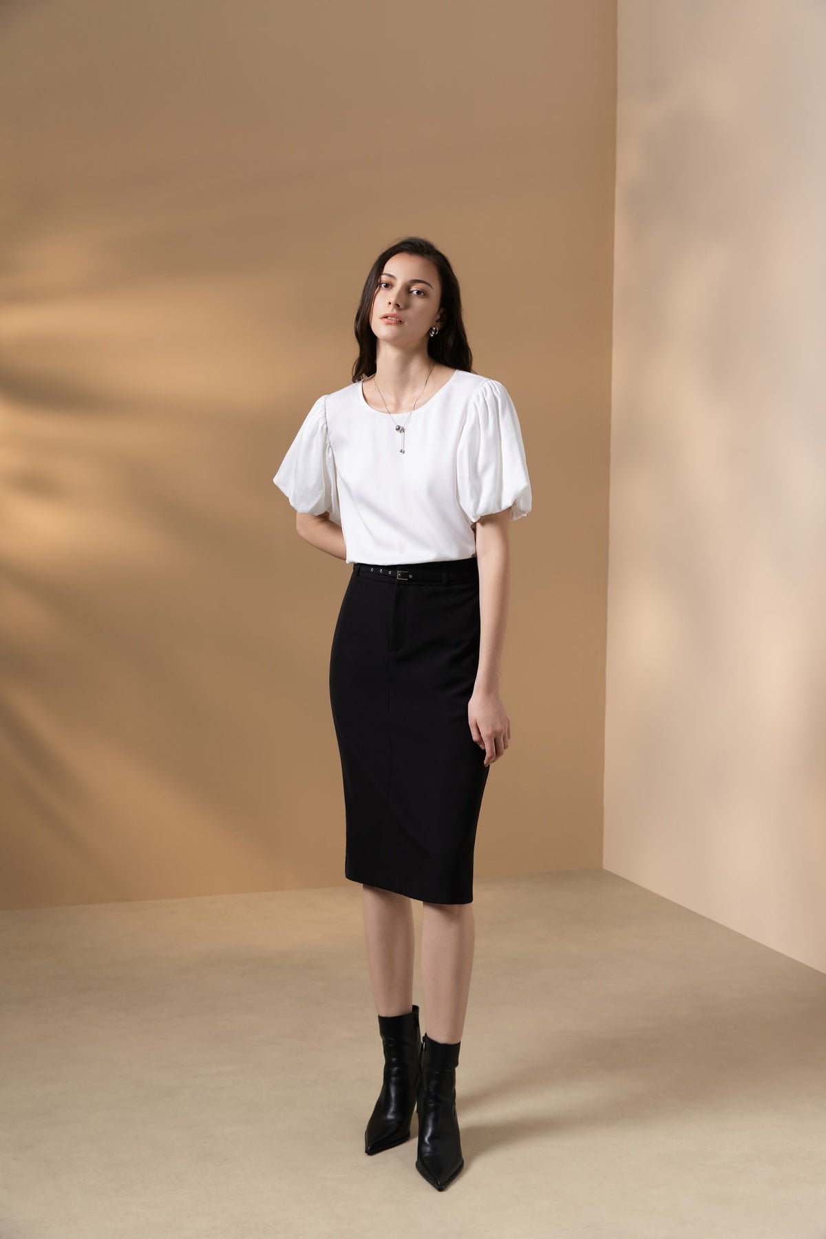 Poly Twill A-Shape Skirt with Belt