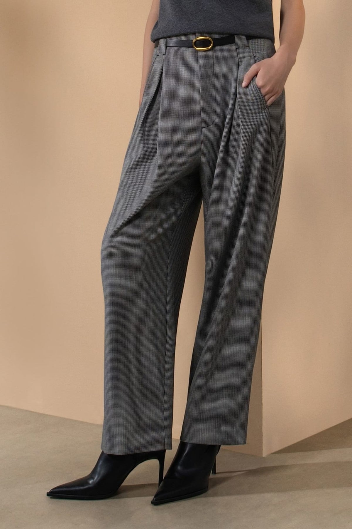 Poly Rayon Houndstooth Genie Casual Pants with Belt