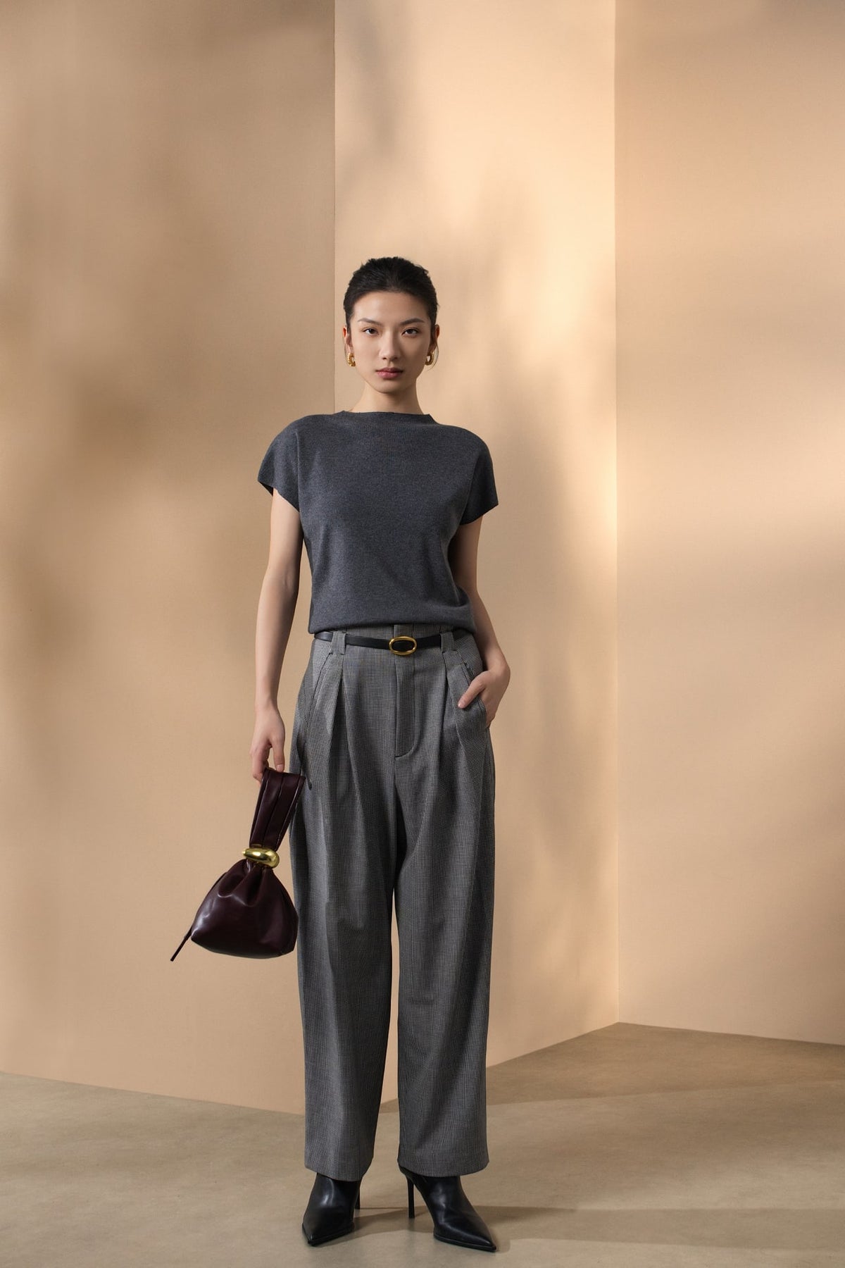 Poly Rayon Houndstooth Genie Casual Pants with Belt