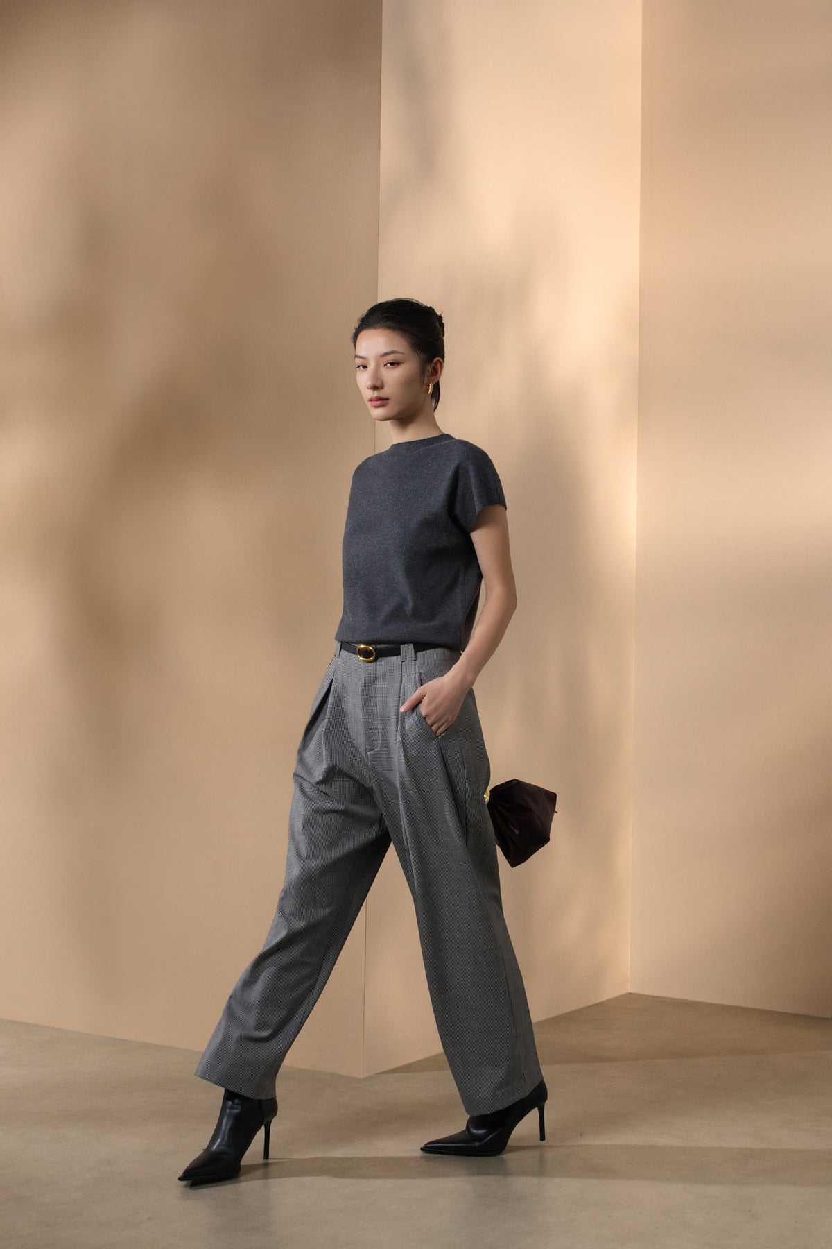 Poly Rayon Houndstooth Genie Casual Pants with Belt