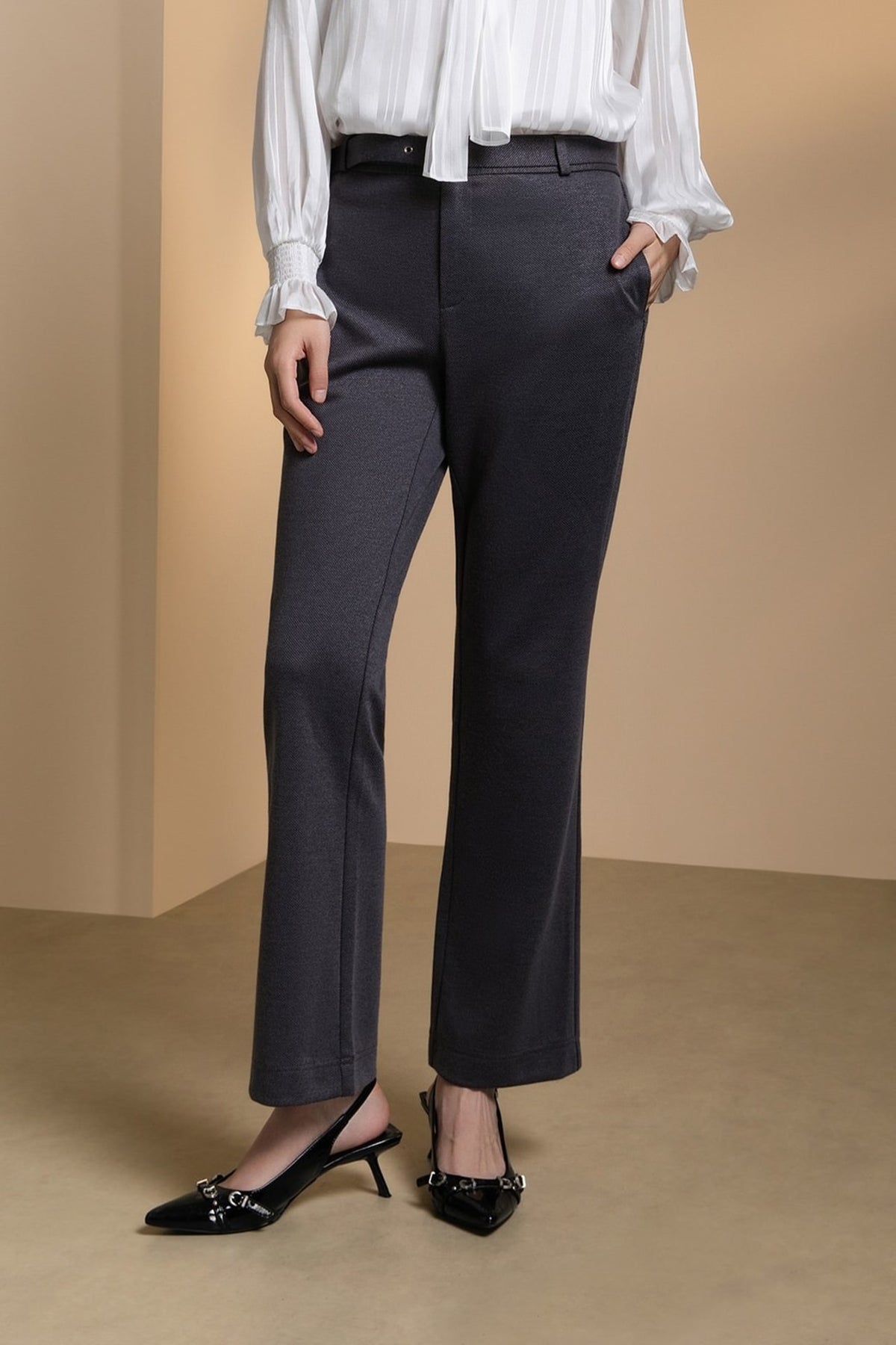 Poly Rayon Pique Comfort Slim Boot Casual Pants with Belt