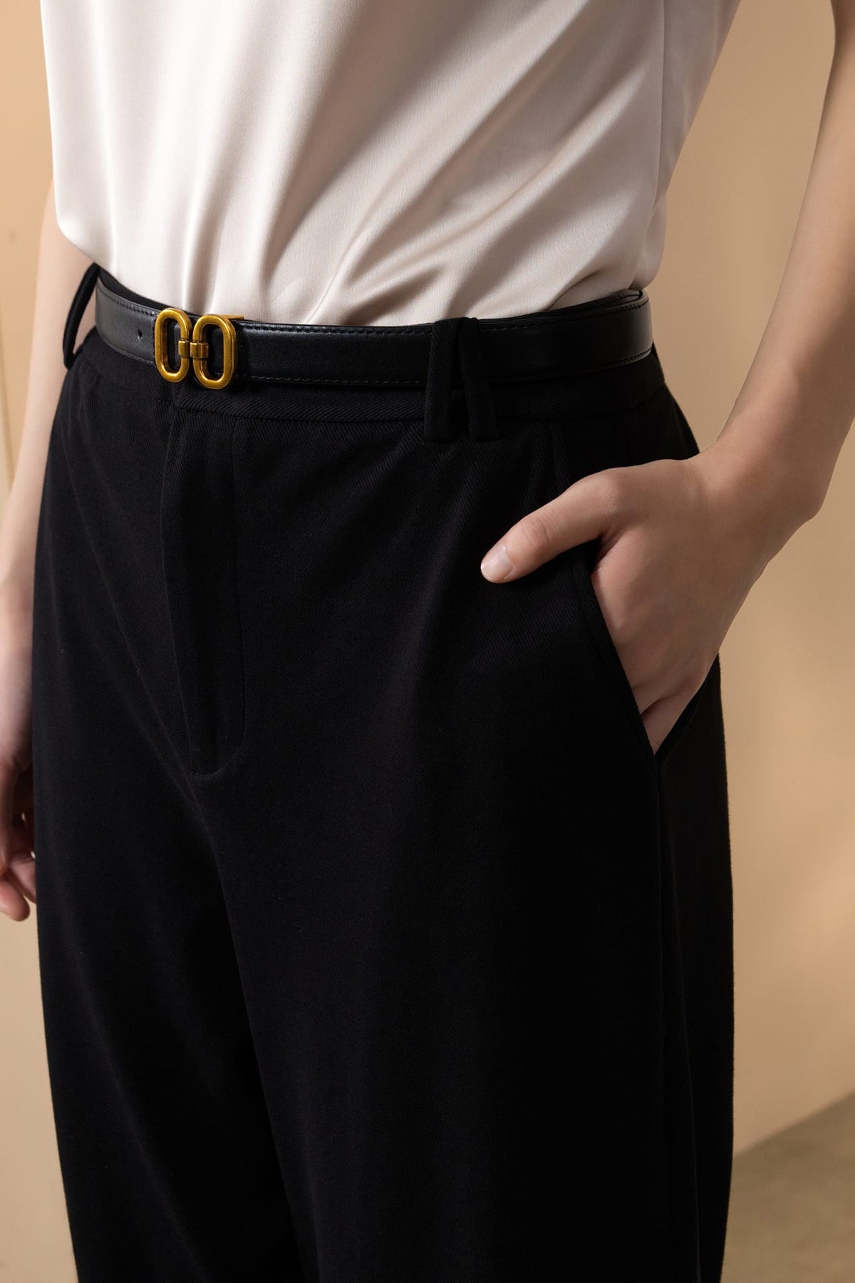 Cotton Blend Pique Twill Straight Leg Casual Pants with Belt