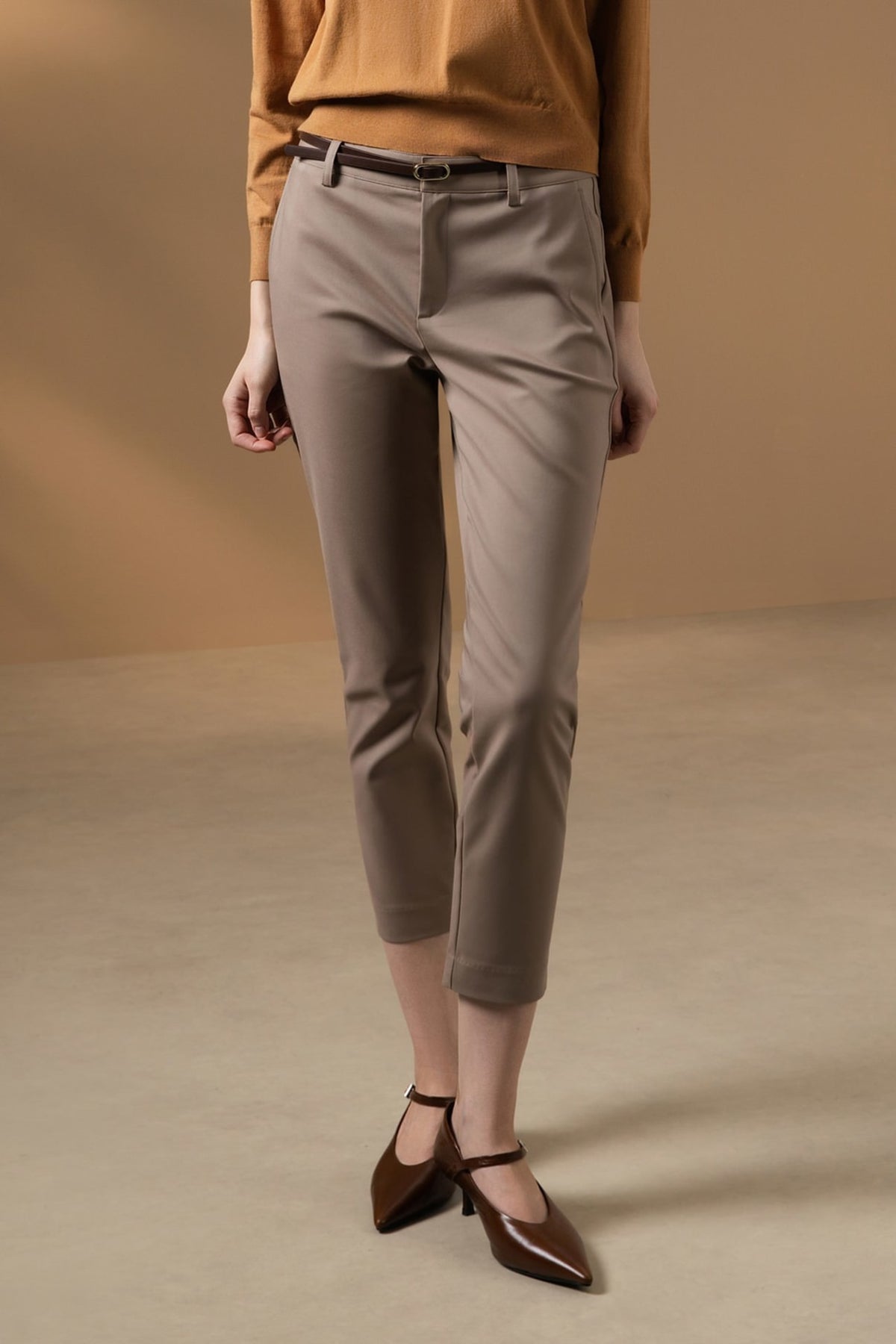 Cotton Nylon Double Weave Skinny Casual Pants with Belt