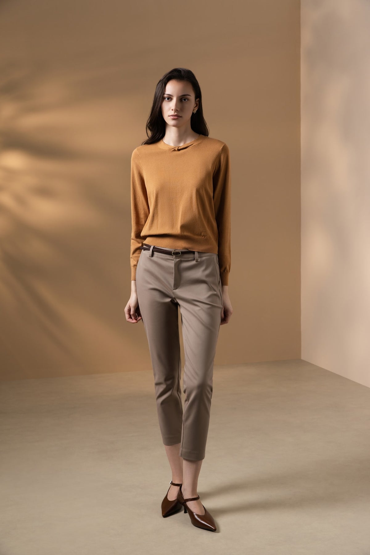 Cotton Nylon Double Weave Skinny Casual Pants with Belt