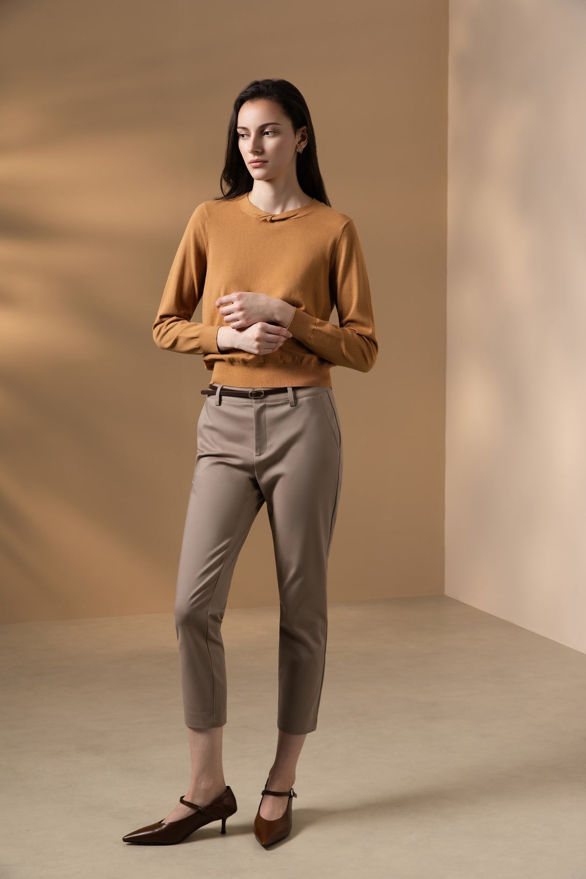 Cotton Nylon Double Weave Skinny Casual Pants with Belt