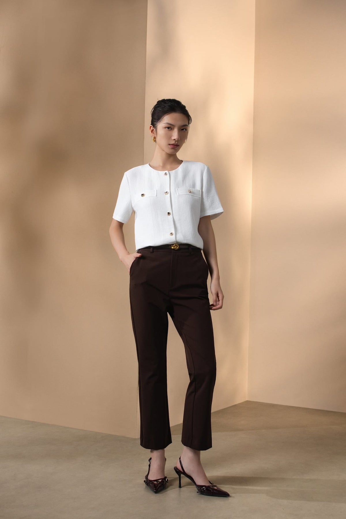 Multi-Way Stretch Nylon Plain Weave Comfort Slim Boot Casual Pants with Belt