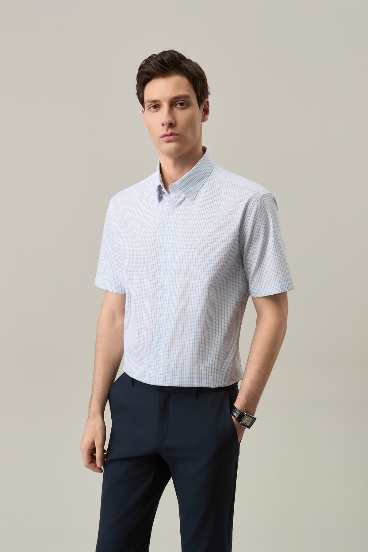 Non-Iron Easy Care Cotton Blend Check Smart Fit Short Sleeve Shirt