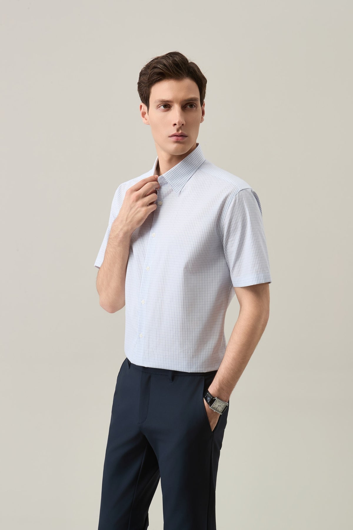 Non-Iron Easy Care Cotton Blend Check Smart Fit Short Sleeve Shirt