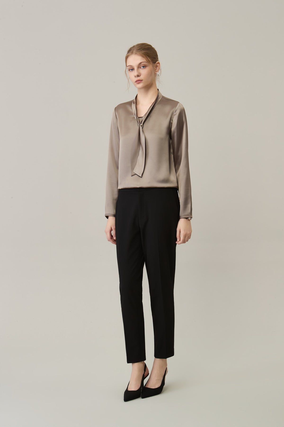 Poly Satin Self-Tie Collar Regular Fit Blouse