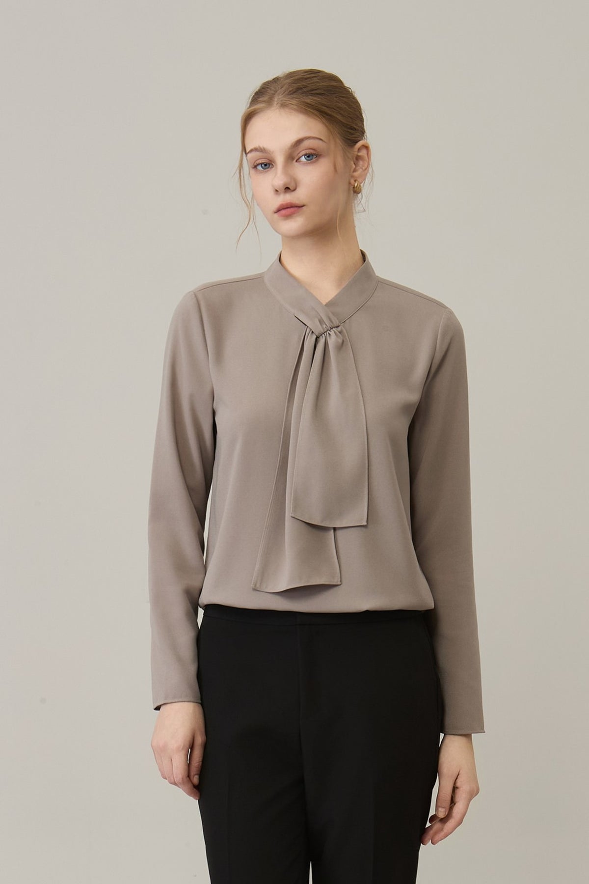 Poly Crepe Self-Tie Stand Collar Regular Fit Blouse