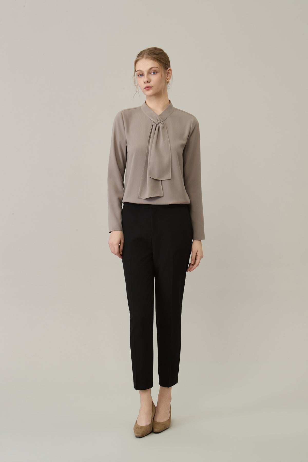 Poly Crepe Self-Tie Stand Collar Regular Fit Blouse