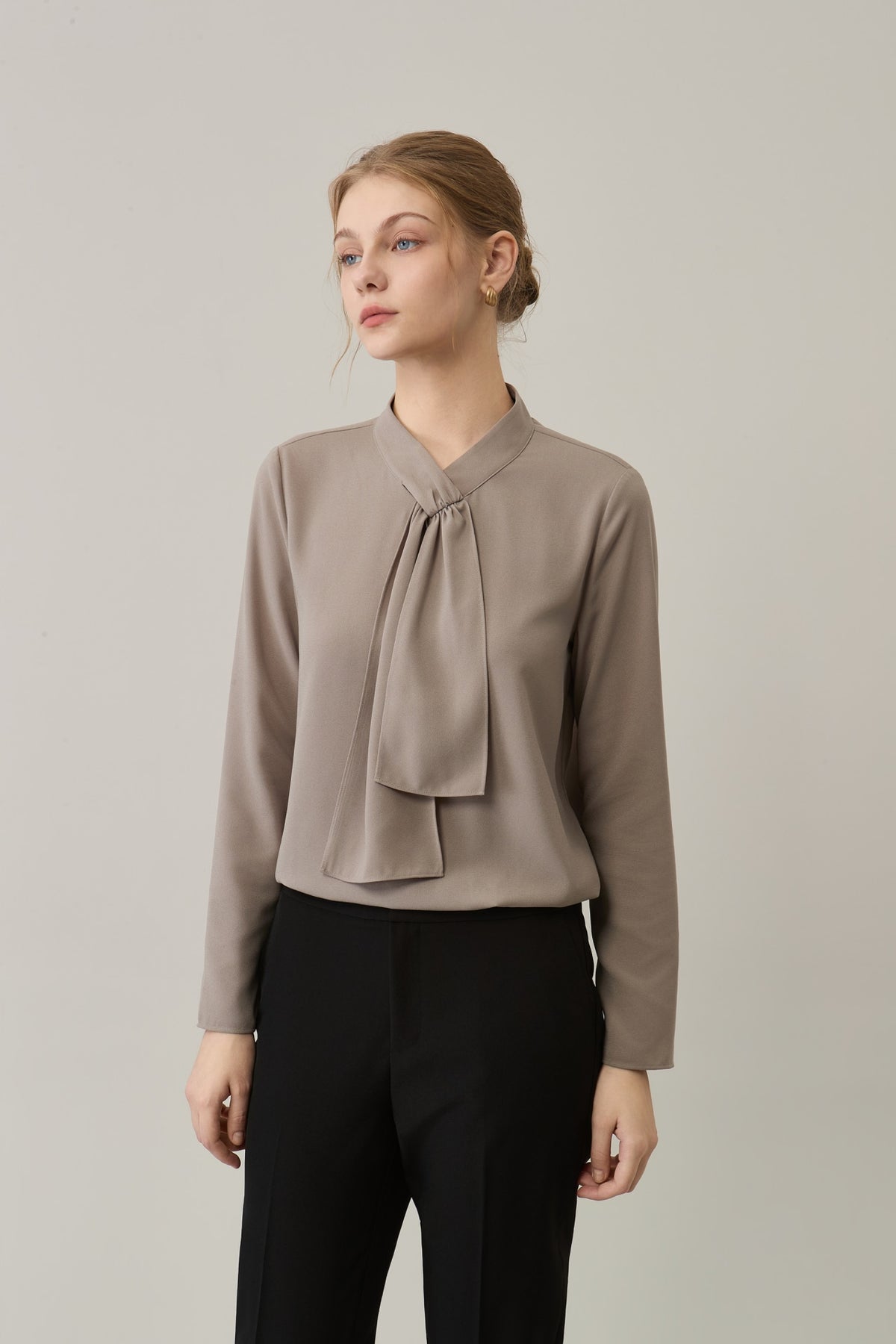 Poly Crepe Self-Tie Stand Collar Regular Fit Blouse
