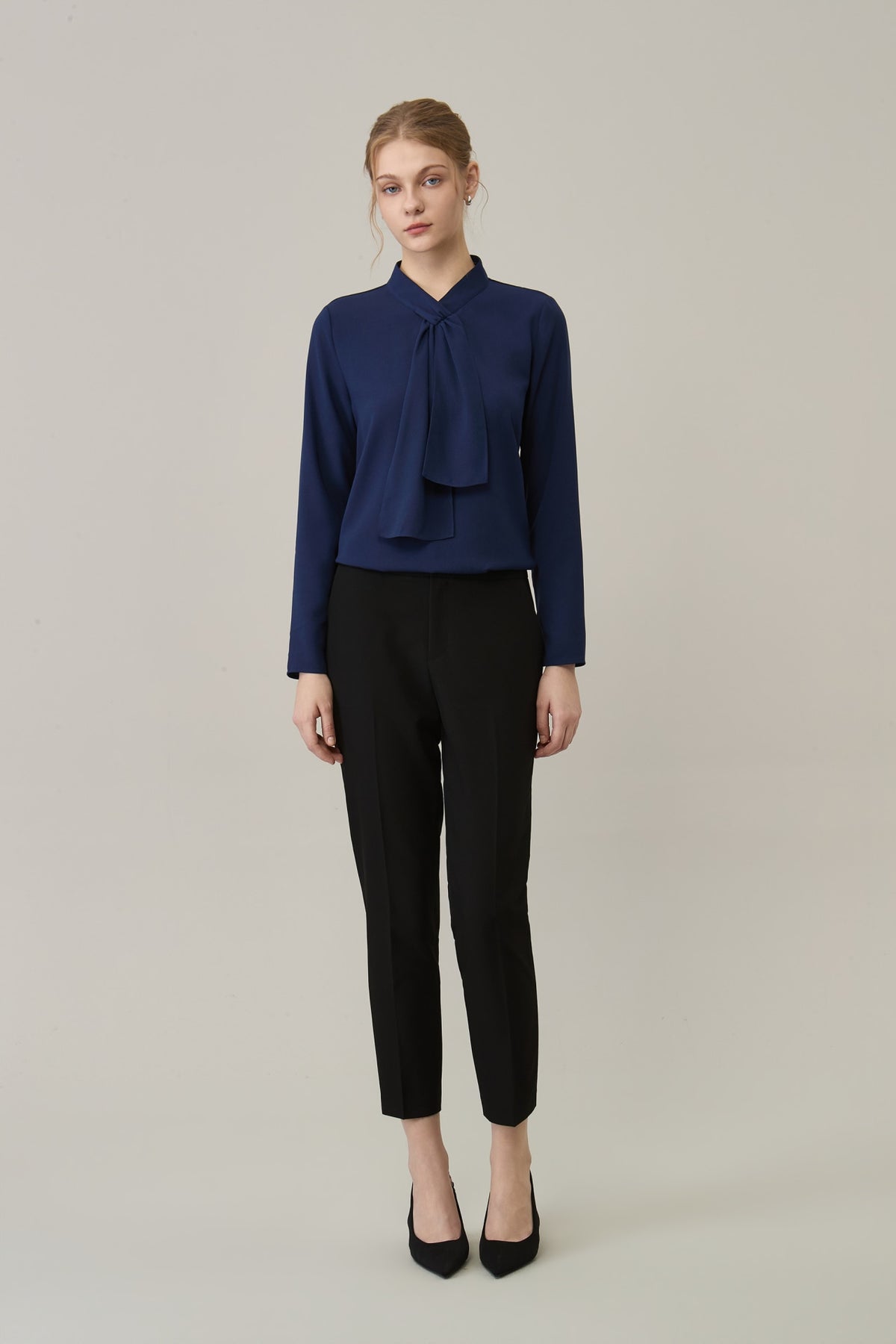 Poly Crepe Self-Tie Stand Collar Regular Fit Blouse