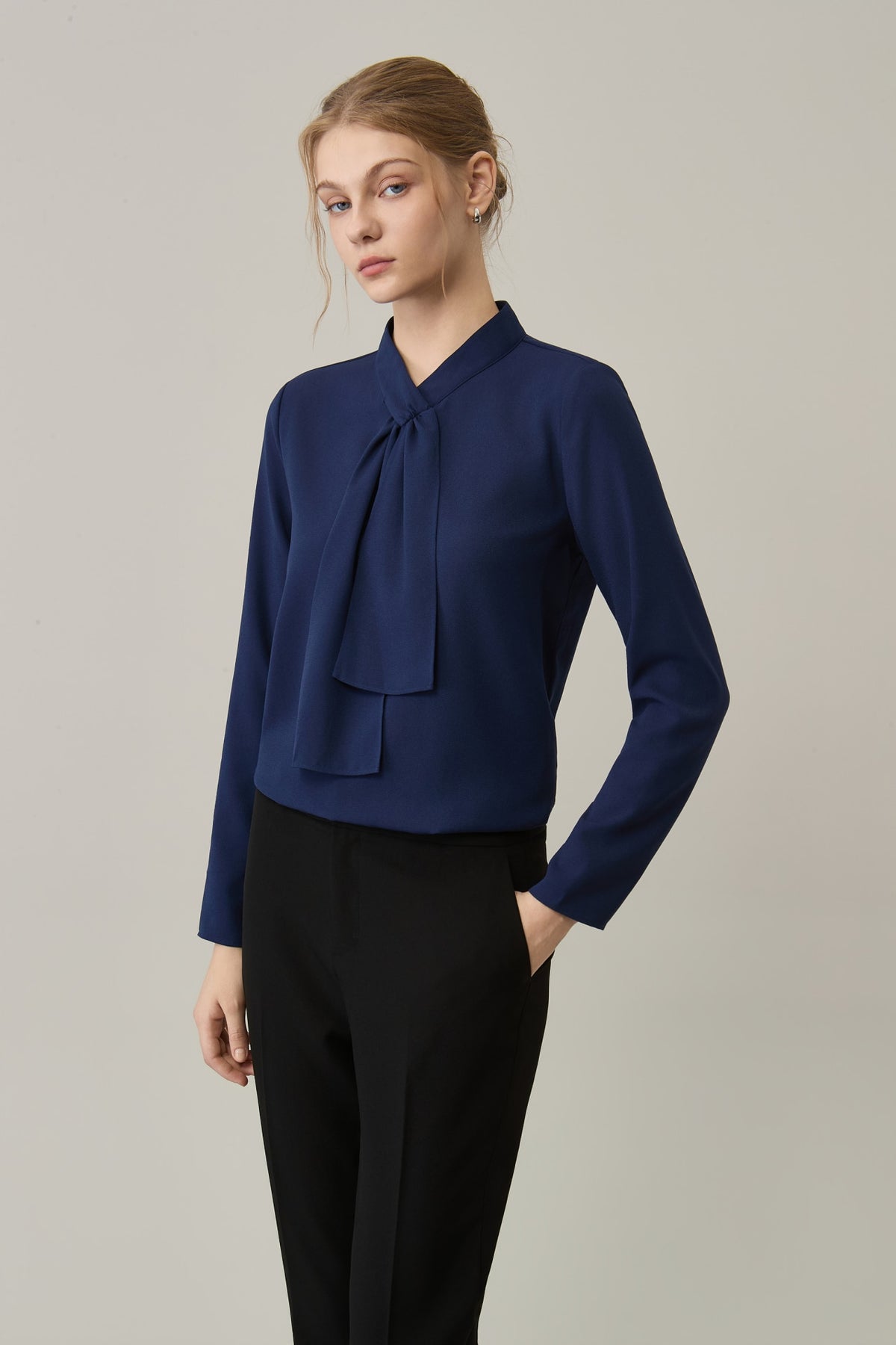 Poly Crepe Self-Tie Stand Collar Regular Fit Blouse